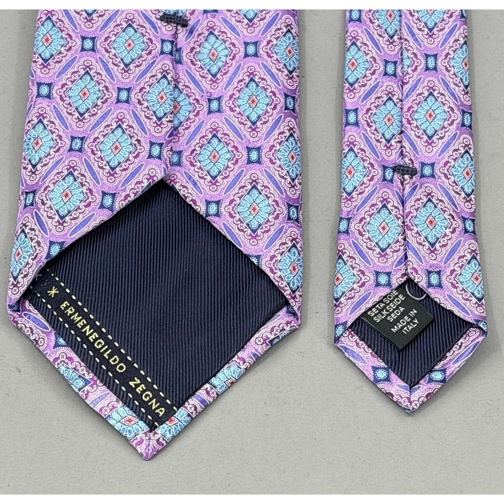 Ermenegildo Zegna Tie Purple Blue Geometric Medallion‎ Satin Silk Italy Luxury